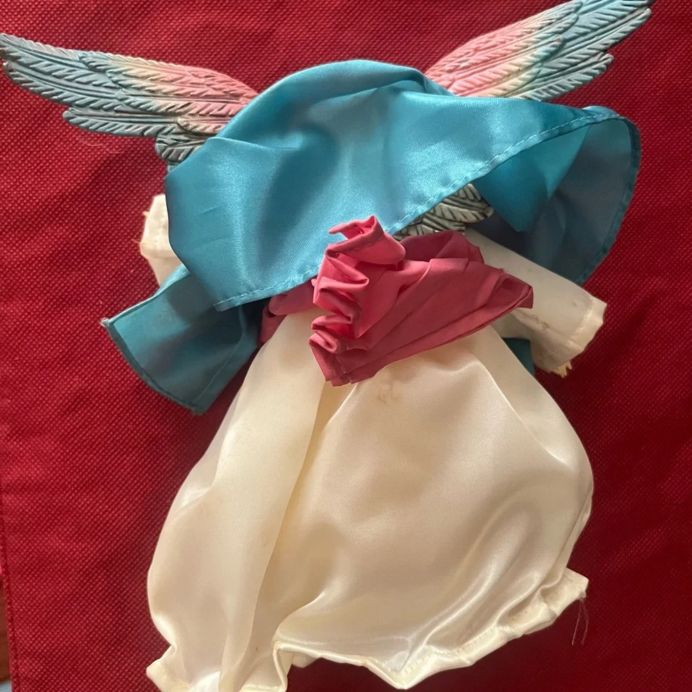 Vintage Fabric and Plastic Angel Figurine Tree Topper with Pink and Blue Robes